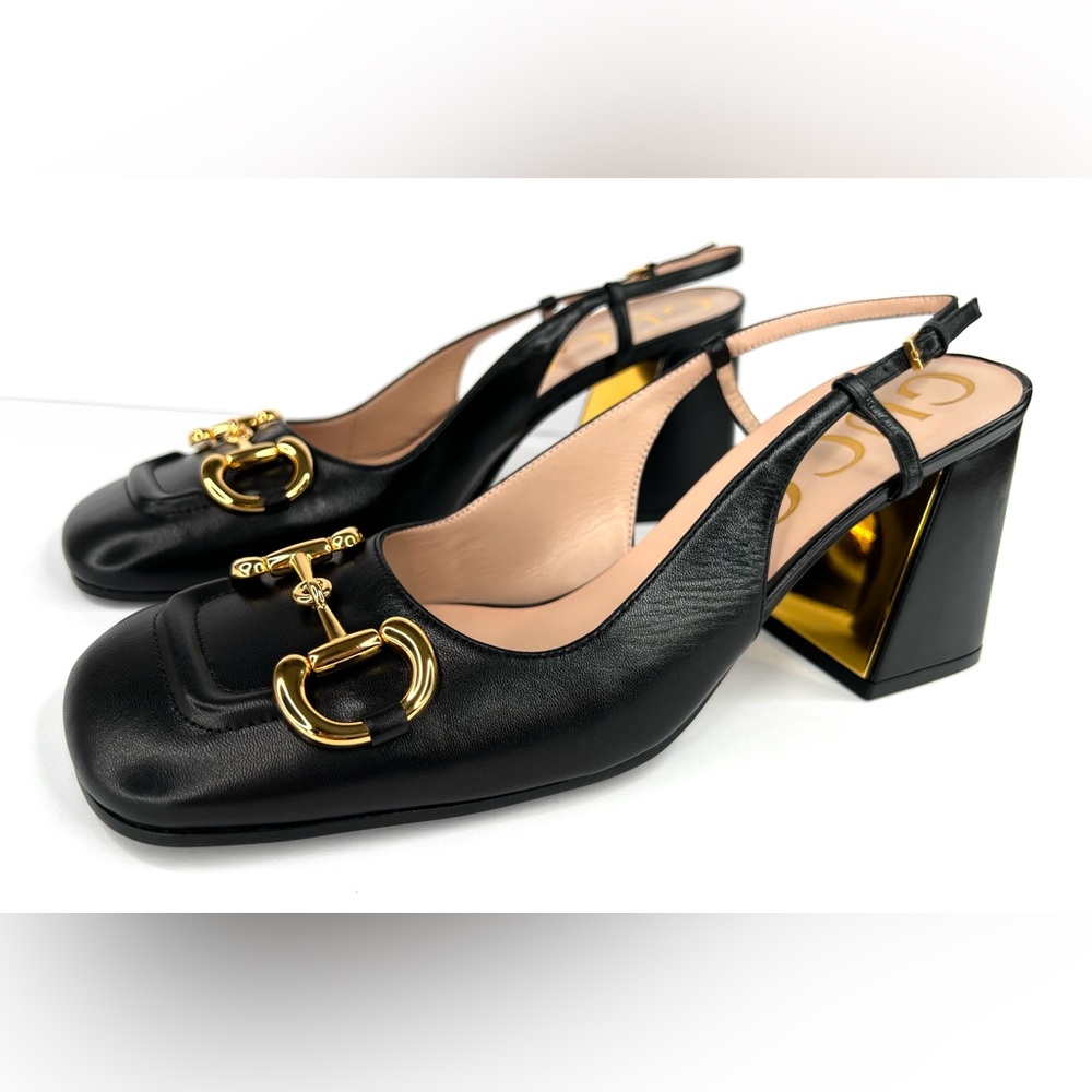 Gucci Black Leather Heels with Gold Detailing - Picture 11 of 11